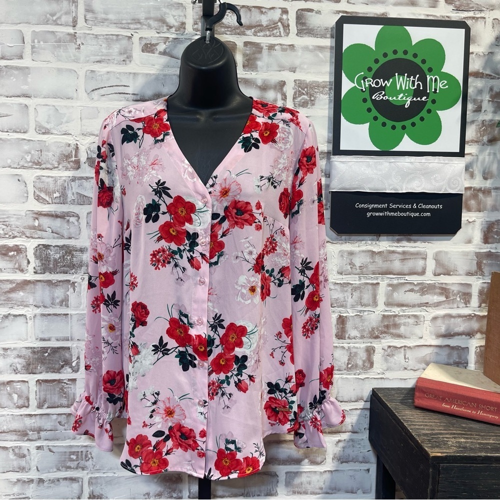 Tahari Pink Floral Blouse with Red and Dark Green Accents small